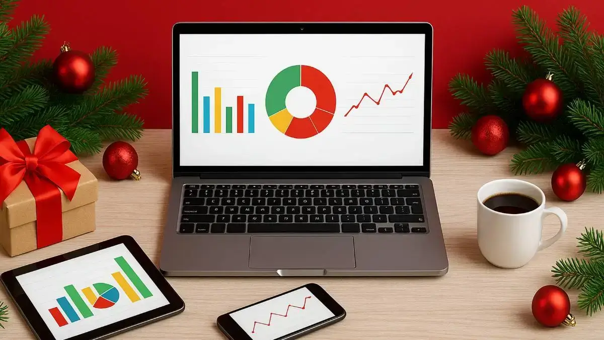 Ordinateur, tablette et smartphone affichant des graphiques financiers, posés sur un bureau décoré, pour illustrer un bilan patrimonial en ligne.