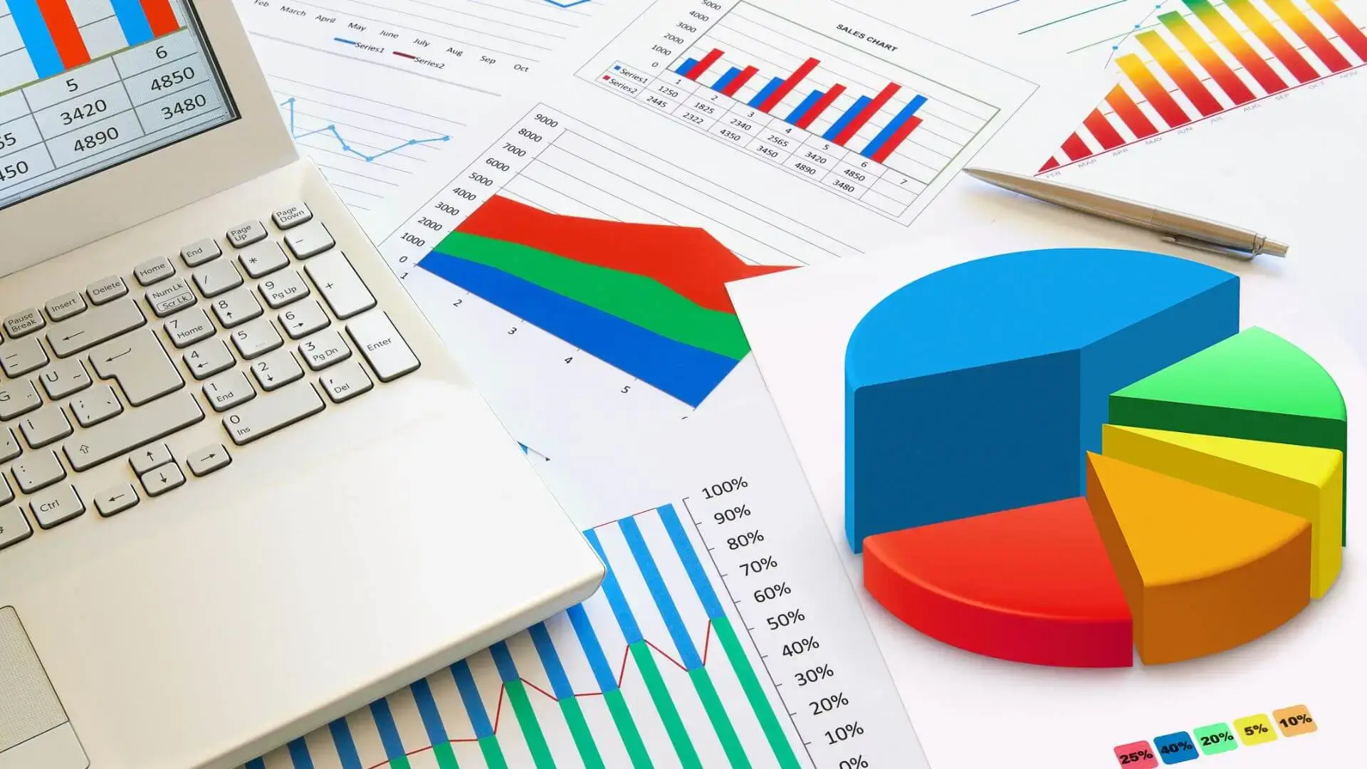 Ordinateur portable, graphiques financiers et diagramme circulaire posés sur des documents, pour illustrer l’analyse de la situation financière dans un projet de financement.