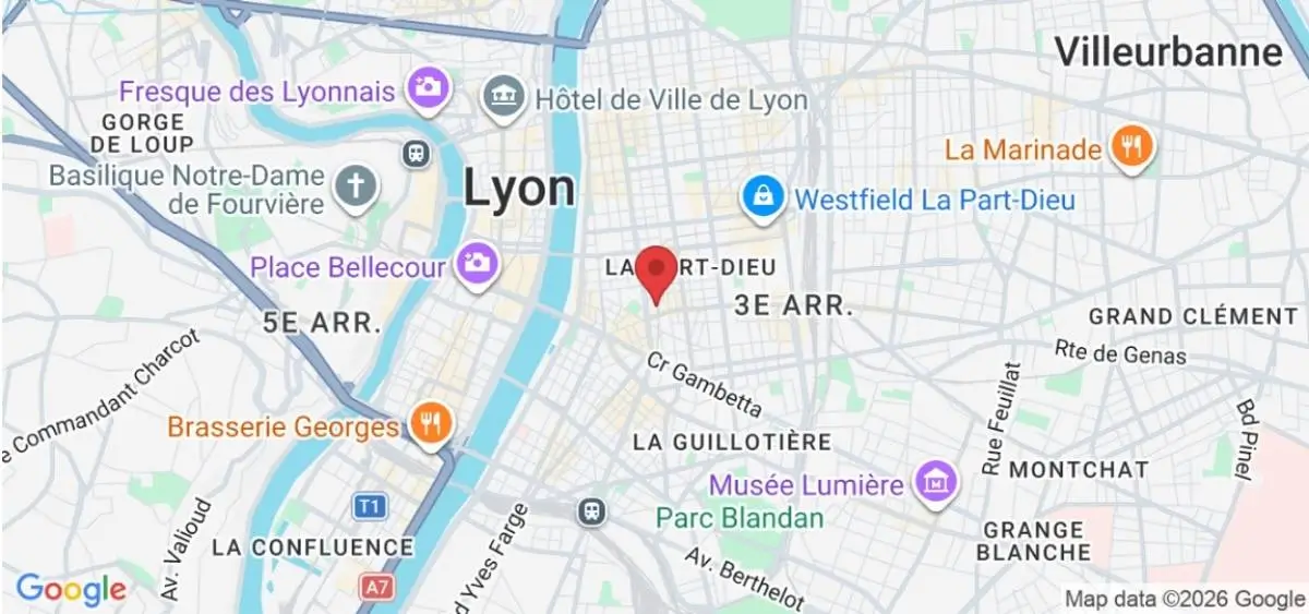 Carte de Lyon avec un repère de localisation, pour illustrer l’emplacement du cabinet Basile Debec à Lyon, près de Saxe-Gambetta.