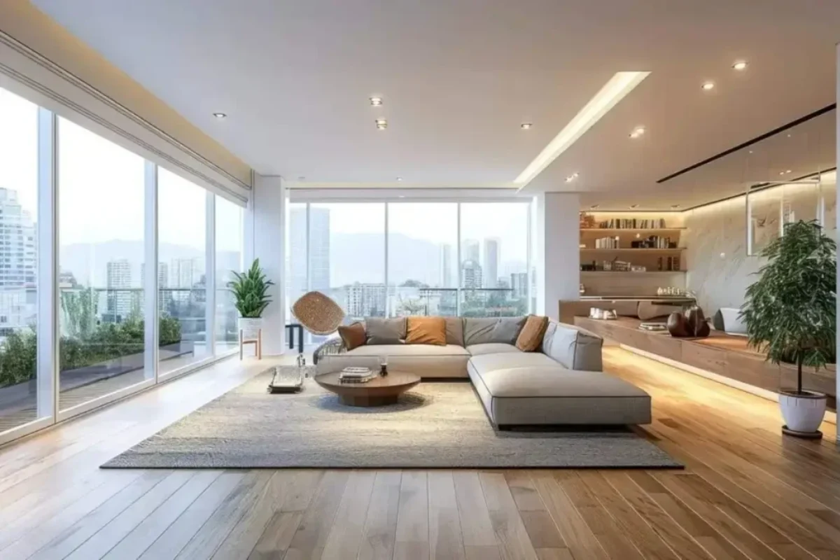 Appartement moderne et lumineux avec grande baie vitrée, vue sur la ville et salon haut de gamme, pour illustrer un investissement immobilier.