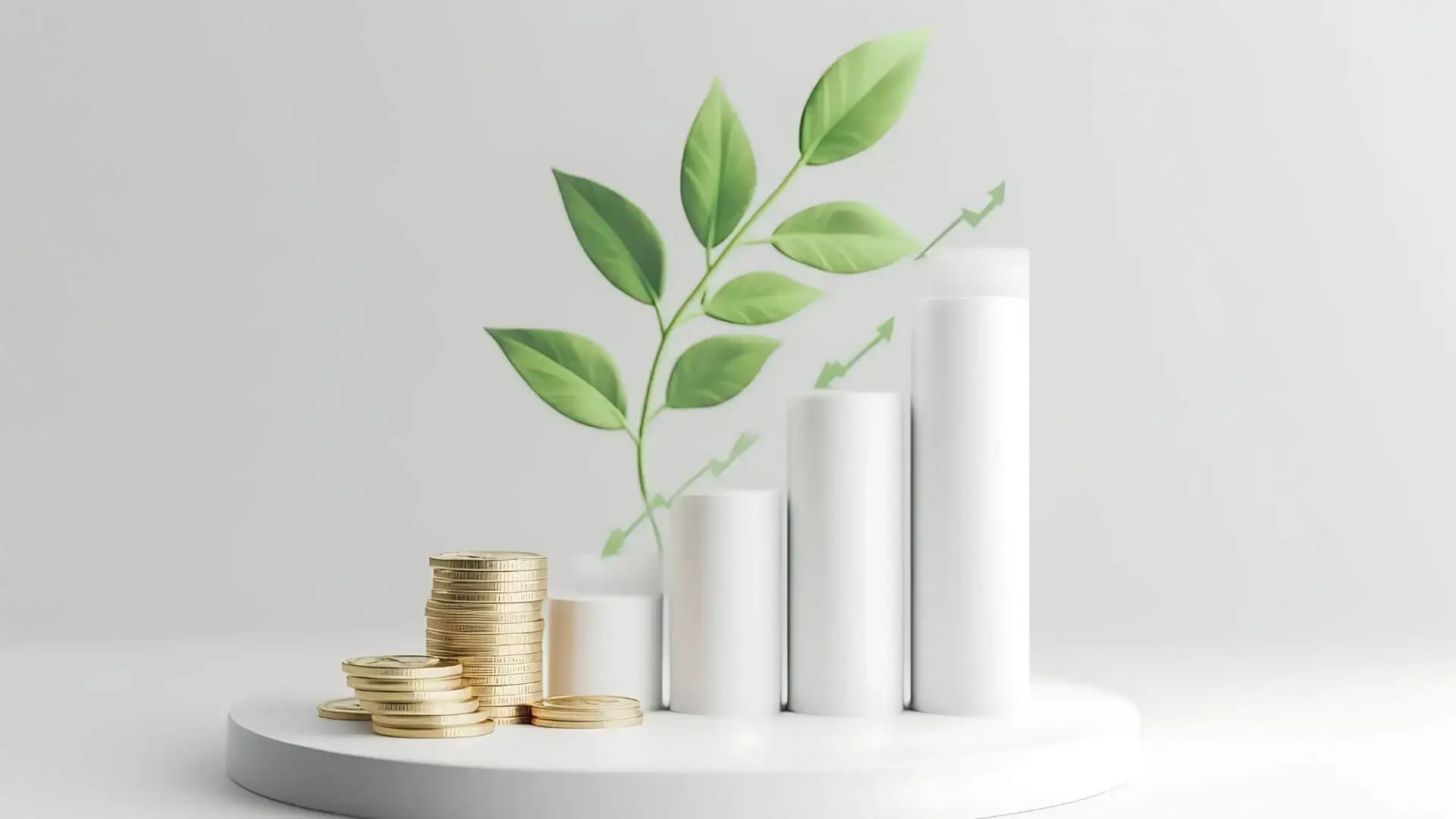 potentiel-rendement-placements-financiers-lyon Pièces empilées à côté de barres de progression et d’une plante en croissance, pour illustrer le potentiel de rendement des placements financiers.